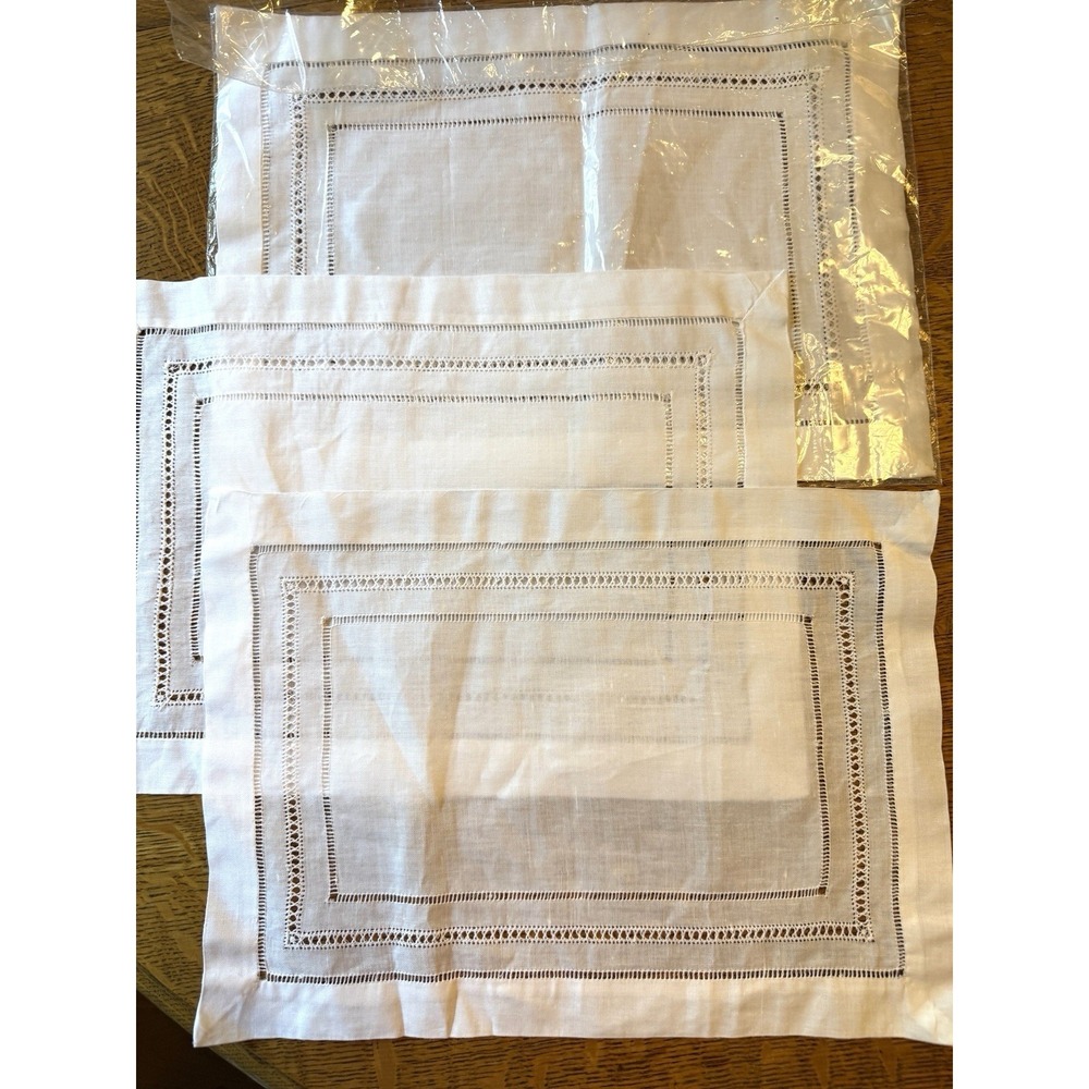 White Hemstitched Linen Placemats - Set of 3
